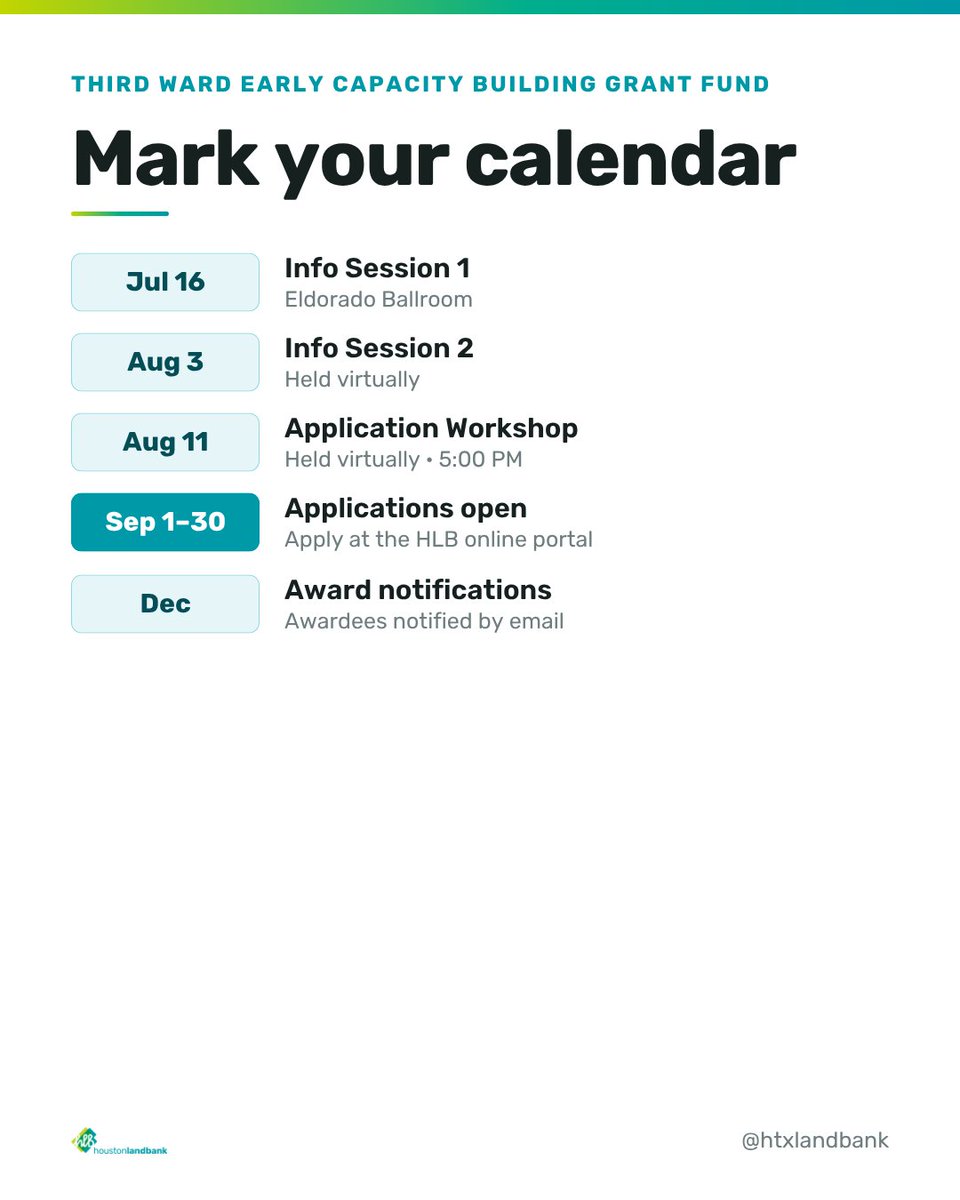 HTXLandBank's tweet photo. Reminder: Join us for Info Session 2 for the Third Ward Early Capacity Grant Fund!
Visit the https://t.co/3WztFLBPtI... to register and to learn more.
#houston #thirdward #communityinvestment #business #houstonlandbank #communitydevelopment #nonprofits https://t.co/QhBe2X9y2X