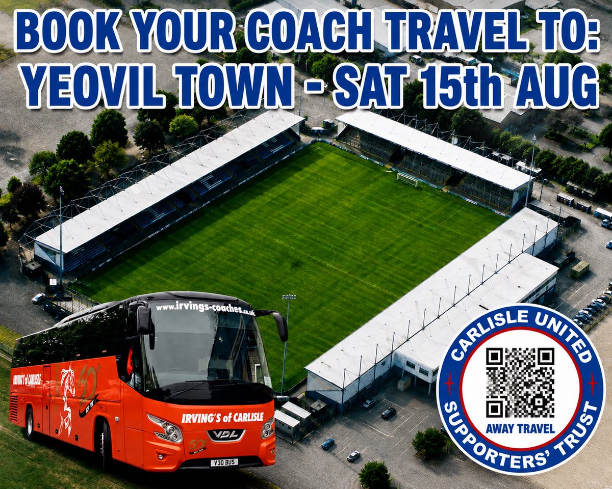 CUFCTrust's tweet photo. 🚌 First Away Coach of the 26/27 Season

📍 Yeovil Town
🗓️ Sat 15th August
⏰ Departure 06:30 

Book your seat NOW to see the Blues!

🔗 https://t.co/KODL3KzX9t

#cufc #cufctrust https://t.co/NVm9oqKmW5