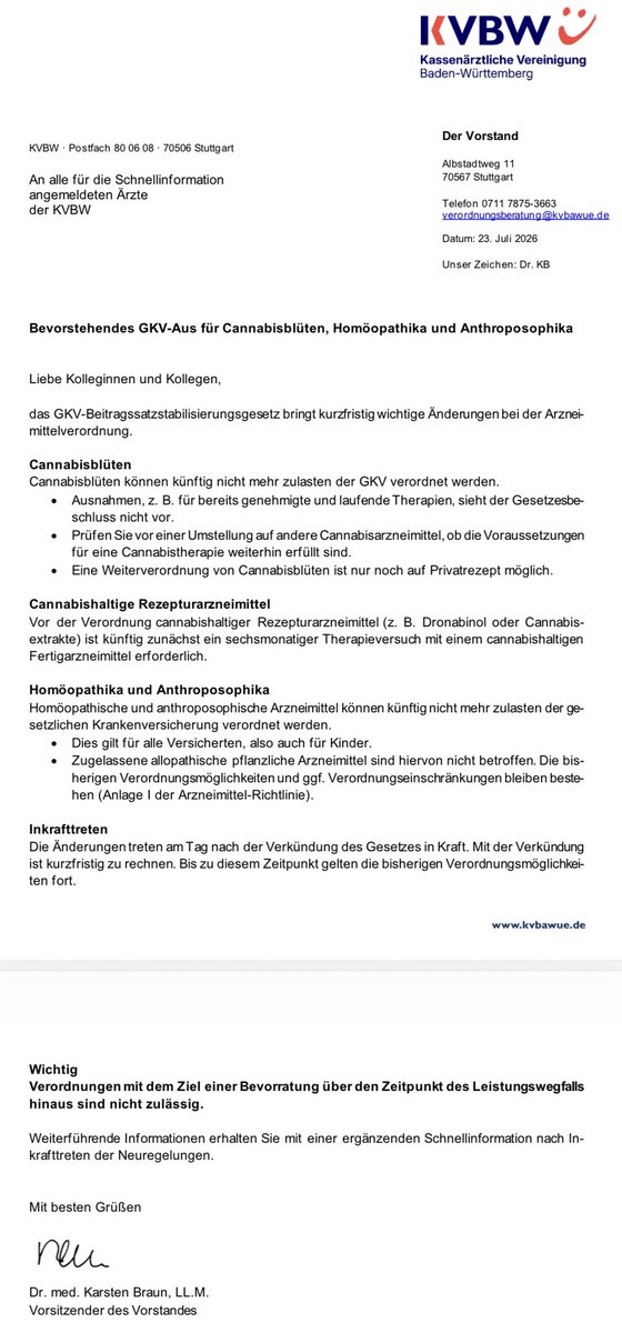 InternistWey's tweet photo. 💥NEWS💥 zur anstehenden Gesundheitsreform!

Die KV Baden-Württemberg hat heute Nachmittag die Informationen im Schreiben vom 23. Juli 2026 bestätigt:

AUS für Cannabisblüten bei medizinischer Indikation (auch bei vorliegender Genehmigung!)

AUS für anthroposophische und homöopathische Präparate in allen Altersklassen - leider auch gültig für die pflanzlich definierten Mistelpräparate in Palliativer Indikation für Krebspatienten in komplementärer Begleitung.
Ab morgen, 30. Juli 2026, gültige Regelung, die meine komplementär begleiteten schwer kranken  Krebs-Patienten einen Teil ihrer Therapie kosten wird 😡