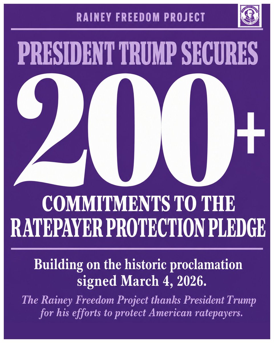 RaineyFreedom's tweet photo. President Trump secured 200+ commitments to the Ratepayer Protection Pledge.
The idea is simple: if your data center needs power, you build it, buy it, and pay for it. Not the family down the street. Not the small business on the corner.
#RaineyFreedom #RatePayerProtection #DataCenters