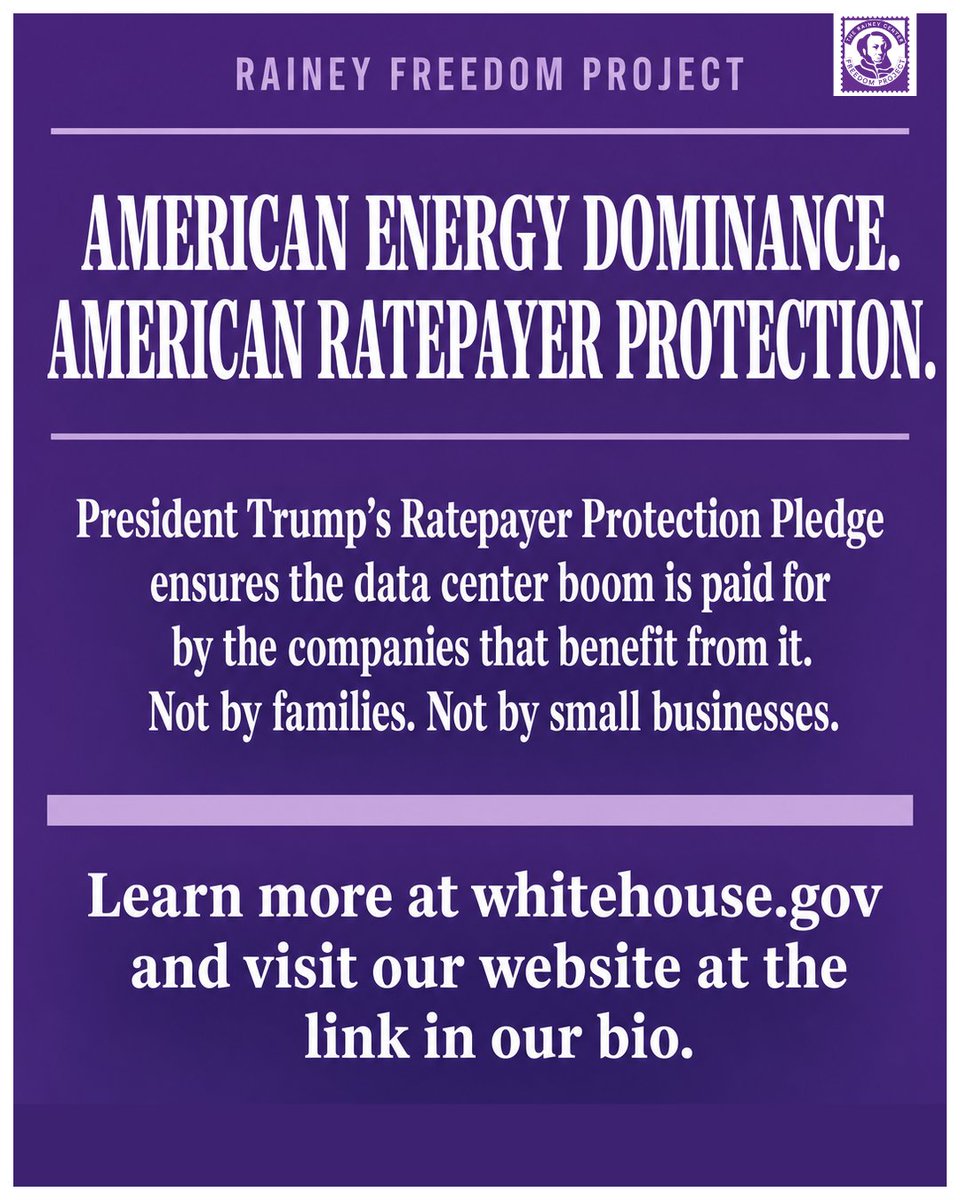 RaineyFreedom's tweet photo. President Trump secured 200+ commitments to the Ratepayer Protection Pledge.
The idea is simple: if your data center needs power, you build it, buy it, and pay for it. Not the family down the street. Not the small business on the corner.
#RaineyFreedom #RatePayerProtection #DataCenters