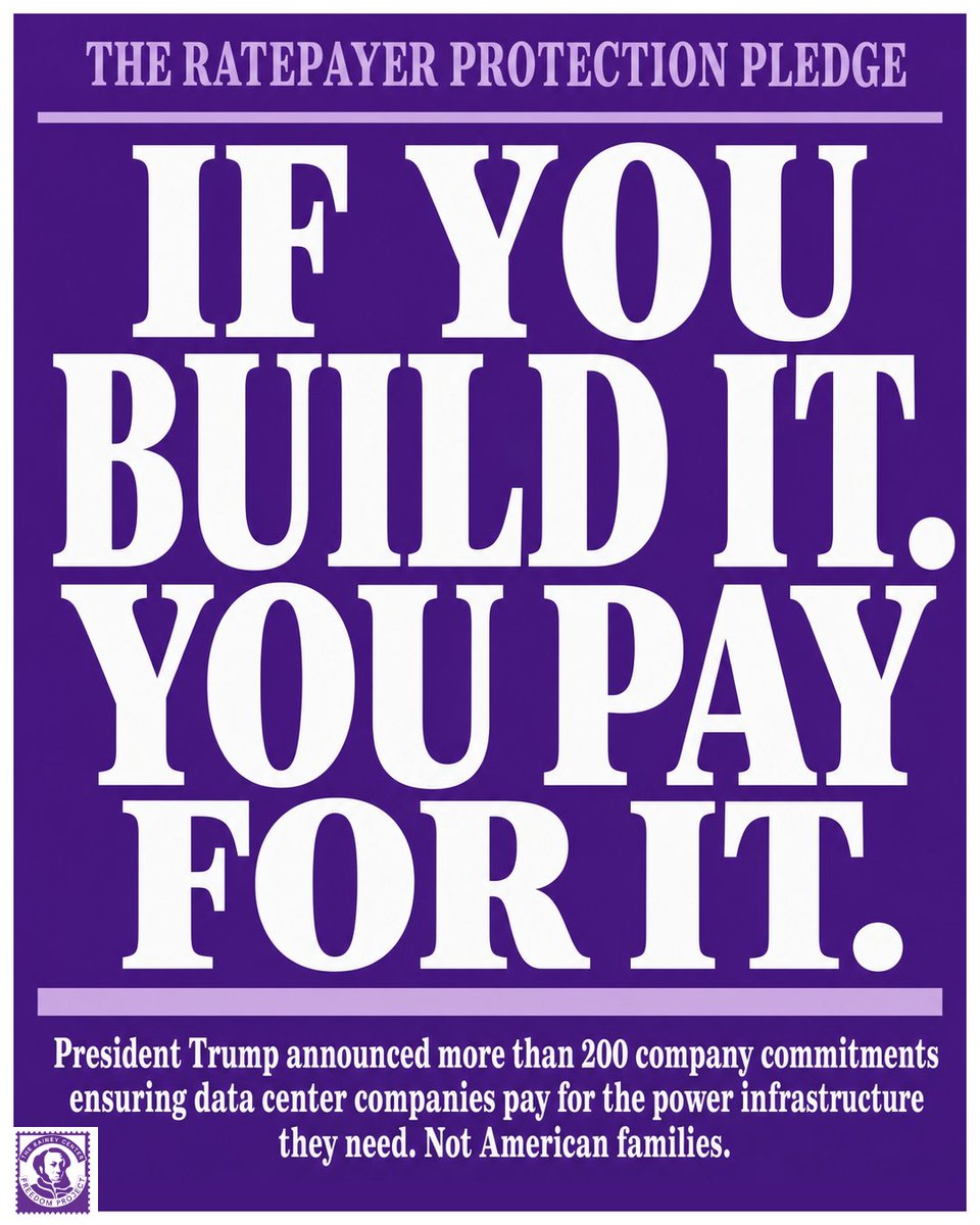 RaineyFreedom's tweet photo. President Trump secured 200+ commitments to the Ratepayer Protection Pledge.
The idea is simple: if your data center needs power, you build it, buy it, and pay for it. Not the family down the street. Not the small business on the corner.
#RaineyFreedom #RatePayerProtection #DataCenters