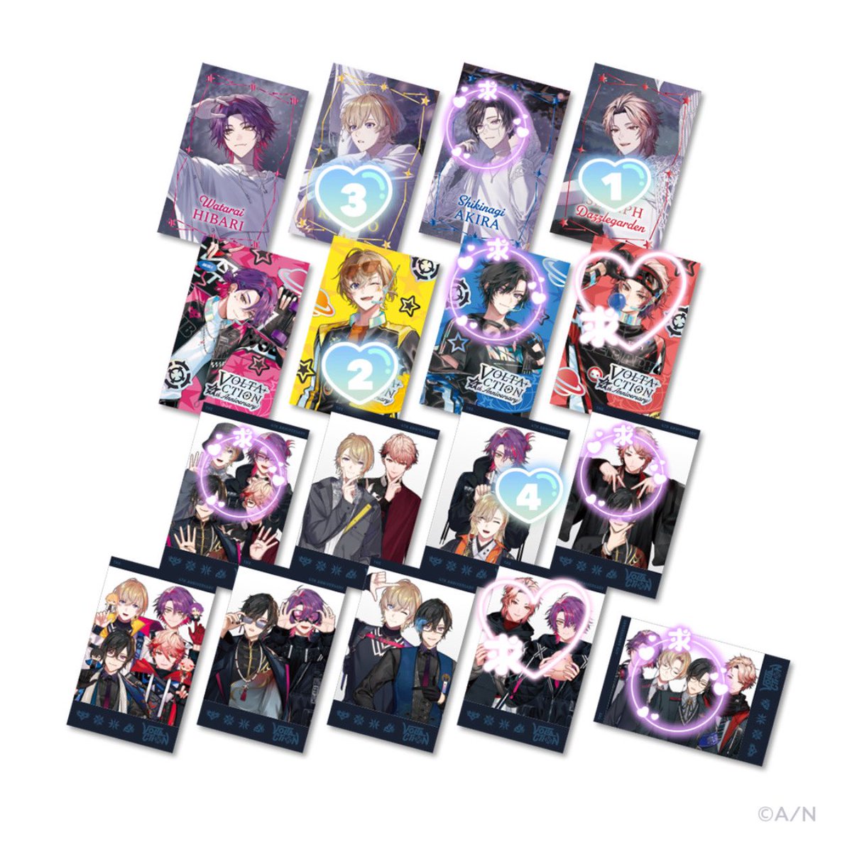 6ikka8's tweet photo. 【交換・買取】VOLTACTION 4th Anniversary 4周年 ランダムチェキ風カード 

求：画像参照（♡はコンプ目的の為1つ求め、〇は無限回収かつ買取有
2人組、縦4人集合求むは排出0の為優先）

譲：画像数字

池袋手渡し、郵送可能
PayPay、銀行振込可能

各1や未排出優先とさせていただきます https://t.co/upPJsZbx3N