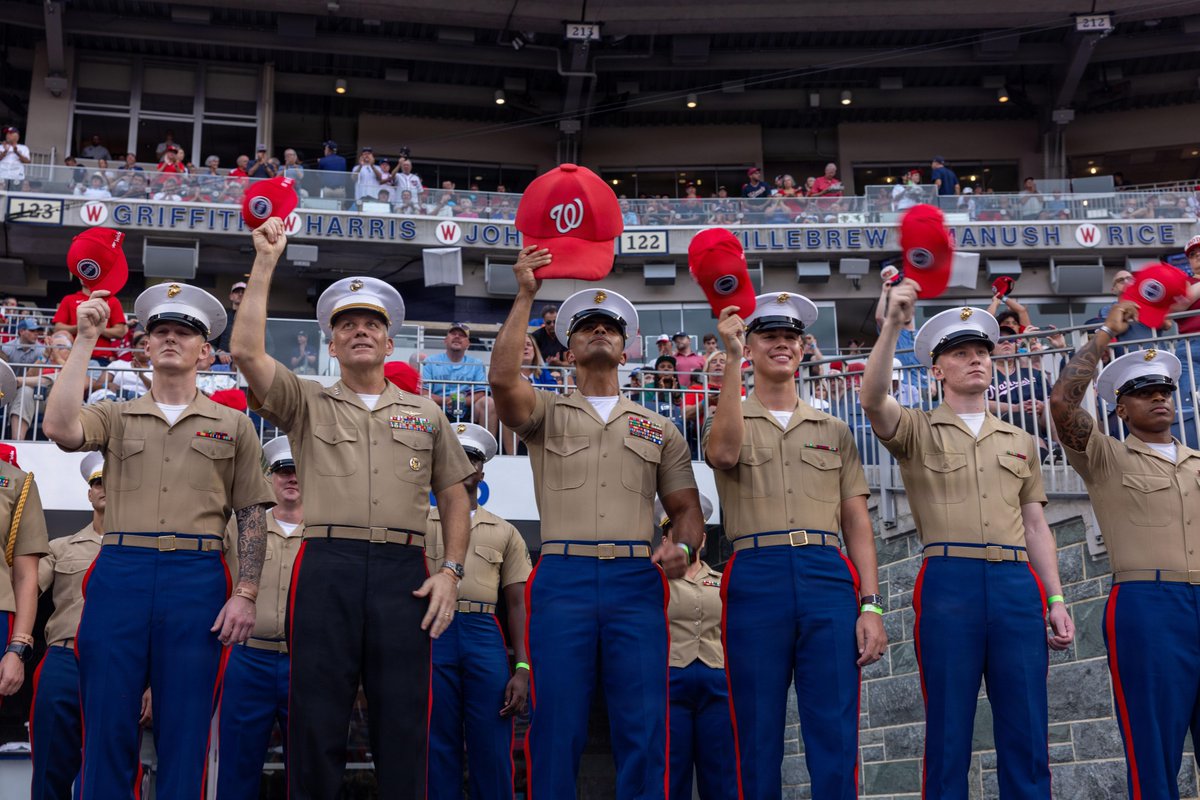 USMC's tweet photo. #Marines from around the National Capitol Region attended the Washington @Nationals’ Branch Appreciation Day honoring the U.S. Marine Corps July 27, 2026. 

Marine Corps Day demonstrates unique Marine Corps capabilities, develops enduring relationships with our community, and showcases Esprit De Corps.

#USMC #Baseball #Nats