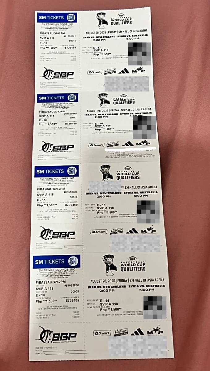 hoonzzcartz's tweet photo. LFB WTS 

FOR SALE: 4 FIBA BASKETBALL WORLD CUP QUALIFIERS
- AUG. 28, 2026
- SVIP A ROW E SEAT 14-18
- SAME PRICE (TICKET PRICE + ONLINE FEE)
📍VALENZUELA OR MALABON

RFS: CONFLICT SCHED (SELLING FOR A FRIEND)

DM IF INTERESTED https://t.co/7PnBt0tI9O