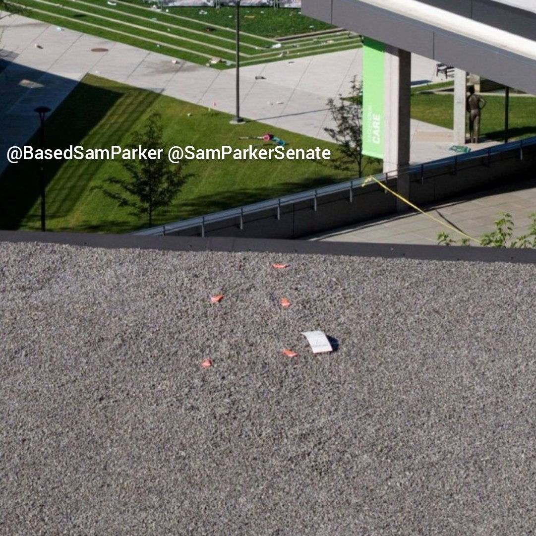 BasedSamParker's tweet photo. TACTICAL ROOF RUN & THE FORGOTTEN DISAPPEARING SCREWDRIVER 
My best "guesstimate" is that the running figure on the Losee Center roof enters the frame about 1-3 steps past the point where Officer Bagley said he found the screwdriver (15-20 feet past the railing).

It's a weird sequence they want us to believe:
1. The gunman went over the railing & walked 15-20 more feet. 
2. Then the gunman stopped. Not right away. Not at 5 feet. Not at 10 feet. Not at 25 feet. Nope: 15-20 feet. That's where he assembled the gun & somehow forgot to stow the screwdriver.
3. Gunman started sprinting towards vent
4. And then after running most of the way, he dropped & executed a lengthy tactical lateral crawl several feet to the left to get into position.
5. When he comes to a stop, he's set up behind the 5 inch roof lip, lying flat. How did he have a line of sight downward into the courtyard when he's back from the edge of the roof, completely behind that lip, flat on the ground of the roof? 

Finally, isn't it convenient that the footage just barely cuts off the view that could corroborate the screwdriver story? 

And don't forget: Officer Bagley testified he put up yellow crime scene tape at the railing to protect the screwdriver evidence, but the KSL helicopter showed conclusively that there was no crime scene tape around the railing, and no screwdriver can be seen on their footage, either.

I guess we're just supposed to ignore all these little details, huh?