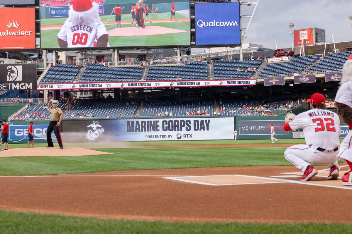 USMC's tweet photo. #Marines from around the National Capitol Region attended the Washington @Nationals’ Branch Appreciation Day honoring the U.S. Marine Corps July 27, 2026. 

Marine Corps Day demonstrates unique Marine Corps capabilities, develops enduring relationships with our community, and showcases Esprit De Corps.

#USMC #Baseball #Nats