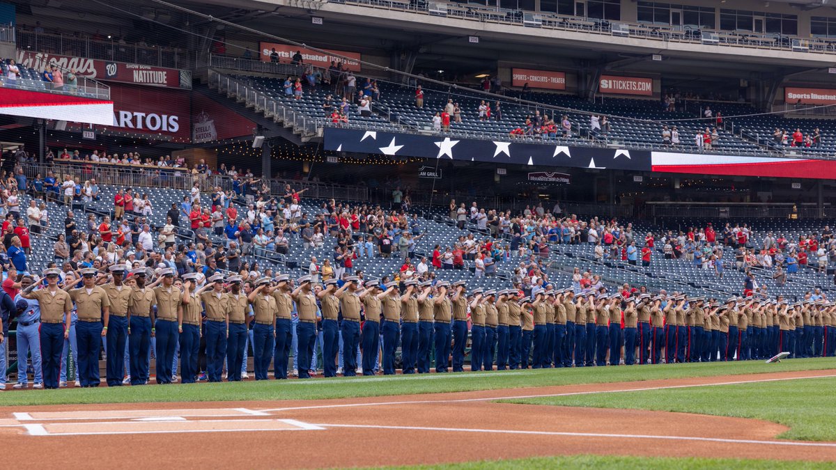 USMC's tweet photo. #Marines from around the National Capitol Region attended the Washington @Nationals’ Branch Appreciation Day honoring the U.S. Marine Corps July 27, 2026. 

Marine Corps Day demonstrates unique Marine Corps capabilities, develops enduring relationships with our community, and showcases Esprit De Corps.

#USMC #Baseball #Nats