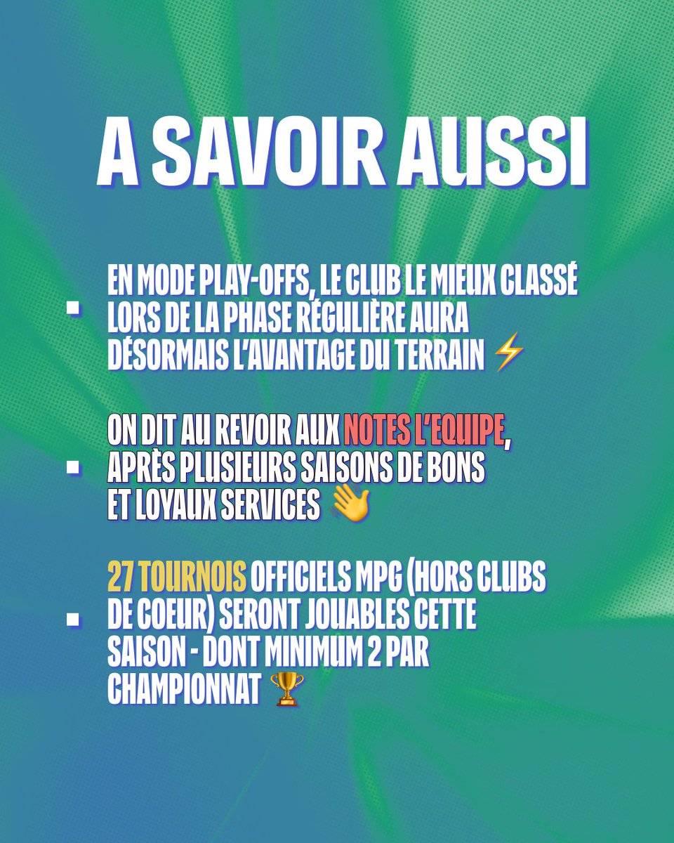 MonPetitGazon's tweet photo. Enfin, 3 infos à connaître ℹ️

- En mode Play-offs, l'équipe la mieux classée a l'avantage du terrain 🏠
- fin des notes L'Equipe sur MPG 👋
- 27 tournois officiels disponibles tout au long de la saison⚔️ https://t.co/wVxVO5vLAE