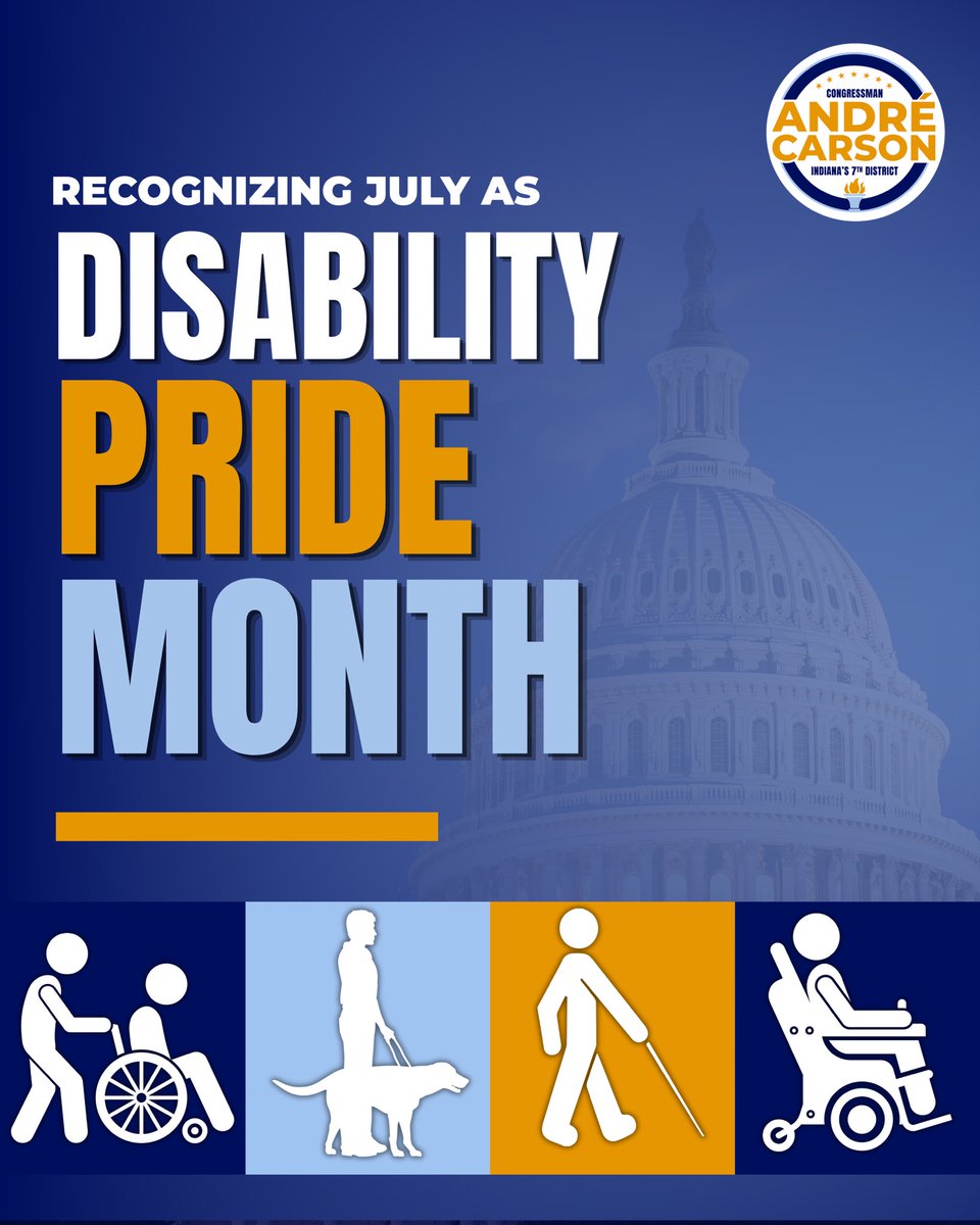 RepAndreCarson's tweet photo. I am proud to cosponsor this bipartisan resolution recognizing this month as Disability Pride Month and reaffirm our commitment to inclusion and equal opportunity for all. As we mark the 35th anniversary of the Americans with Disabilities Act, we recognize the work we must do to ensure disability rights are fully acknowledged.