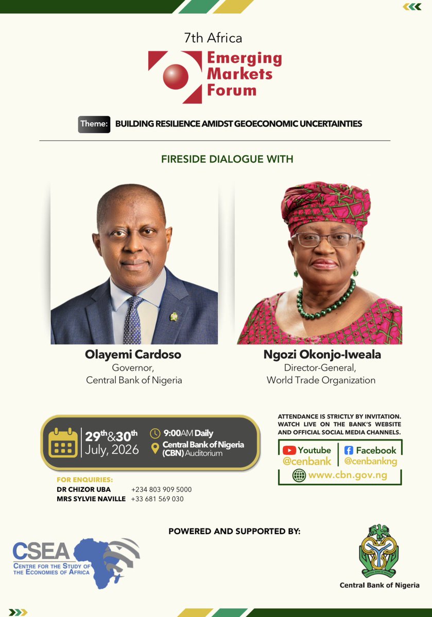 cenbank's tweet photo. HAPPENING NOW

The highly anticipated fireside dialogue between CBN Governor Olayemi Cardoso and WTO Director-General Dr Ngozi Okonjo-Iweala is now live at the 7th Africa Emerging Markets Forum.

Join the conversation as they discuss “Building Resilience Amidst Geoeconomic Uncertainties” and explore pathways to strengthening Africa’s economic resilience and long-term growth.

📺 Watch live:
▶️ YouTube: https://t.co/yL9lgZp2rN
📘 Facebook: https://t.co/CviemNlPH8

#EmergingMarkets
#CBN