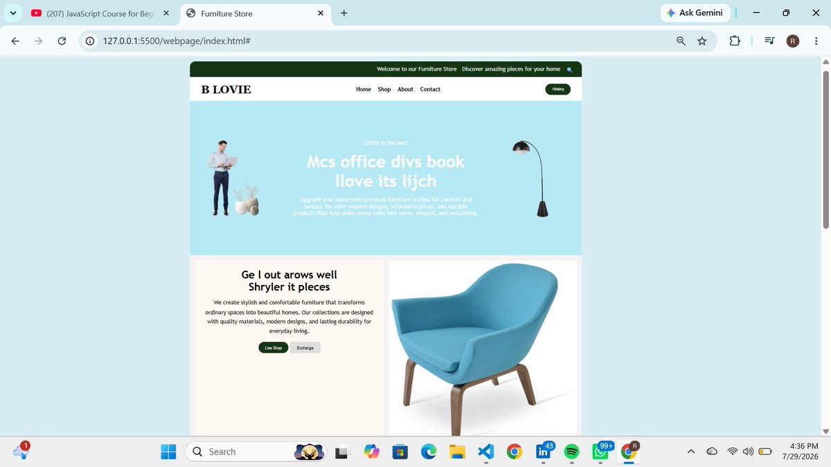Horlah13711's tweet photo. 🚀 Another project completed!

Built this modern furniture store landing page using HTML, CSS, and JavaScript as part of my frontend development journey.
Every project teaches me something new, and I'm committed to improving my skills one build at a time.
#WebDevelopment https://t.co/nE0J3oKLaI