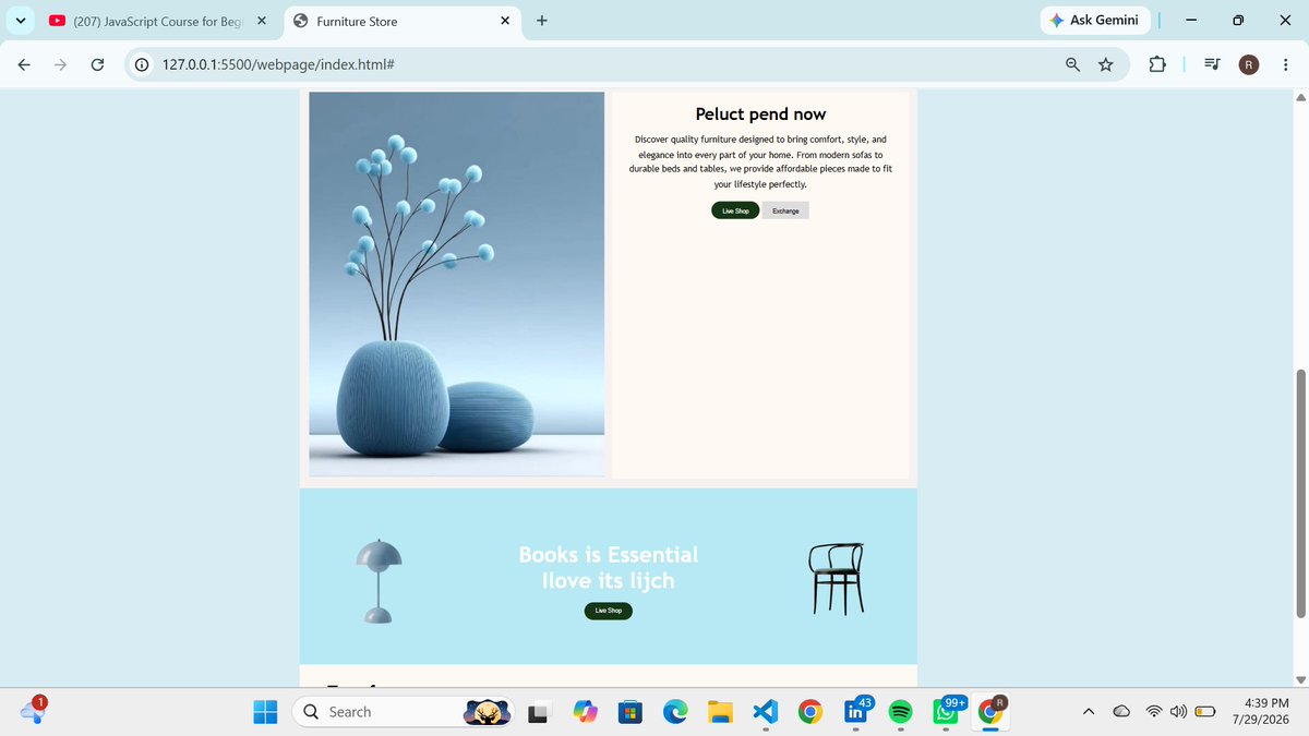 Horlah13711's tweet photo. 🚀 Another project completed!

Built this modern furniture store landing page using HTML, CSS, and JavaScript as part of my frontend development journey.
Every project teaches me something new, and I'm committed to improving my skills one build at a time.
#WebDevelopment https://t.co/nE0J3oKLaI