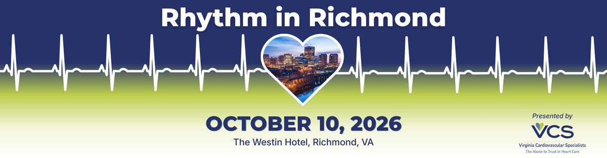 UVaCME's tweet photo. Registration is now open for Rhythm in Richmond 2026!

Join us Oct. 10 at The Westin Richmond for expert updates on arrhythmia care, ECGs, AFib, wearables, sleep apnea, GLP-1 therapies, and more.

Register today: https://t.co/wZgMBaioYU https://t.co/TWbBBvGYHk