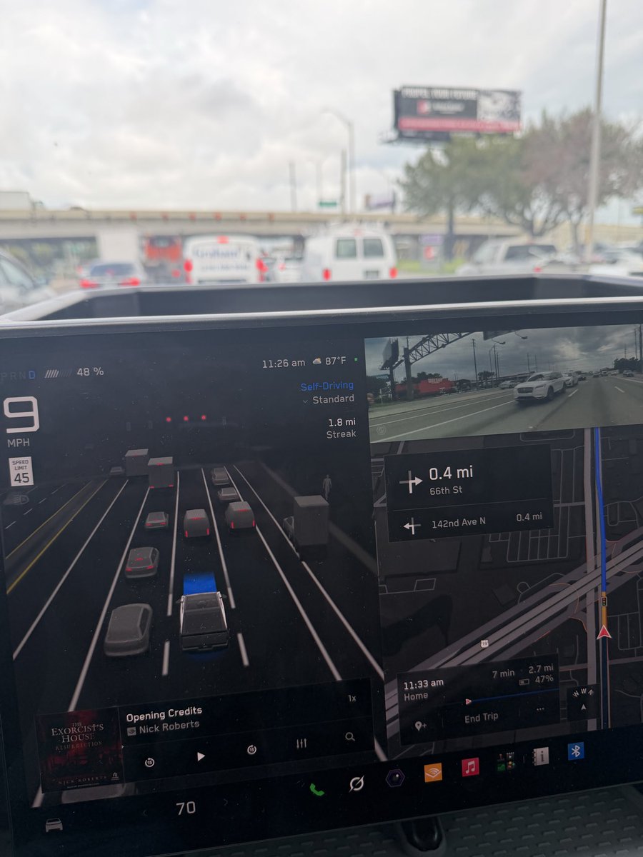 MichaelBittel77's tweet photo. The receipts. FSD Update - the receipts. This picture shows with .4 of a mile needing to turn right ahead I am in the middle of three lanes at a traffic light. You can see I did not disengage and fake this if you look at my streak. I had to disengage to get over the other cars would not let me over.