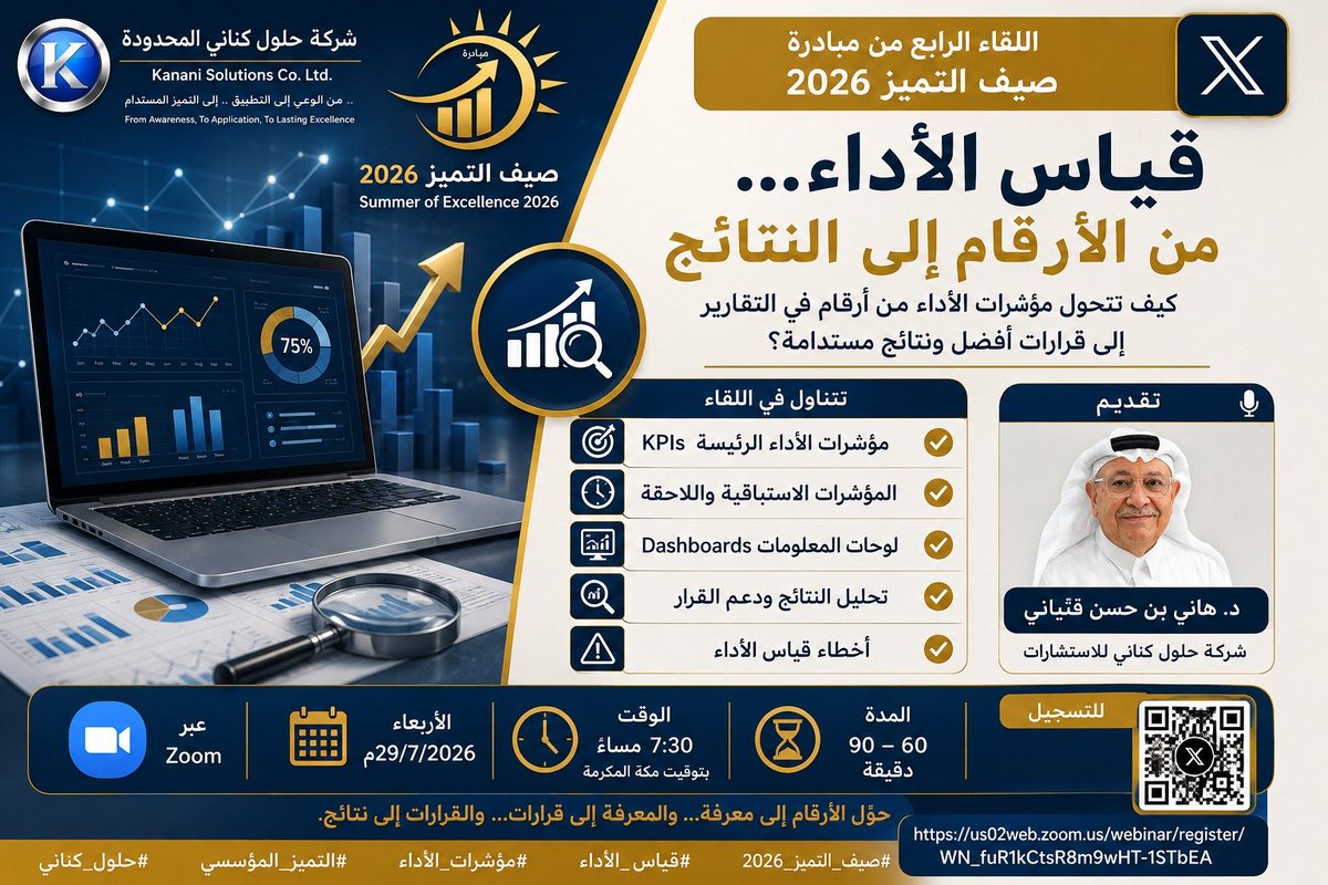 Kanani_Solution's tweet photo. تبقت ساعات قليلة... على اللقاء الرابع من مبادرة صيف التميز ٢٠٢٦، د. هاني بن حسن فتياني
قياس الأداء... من الأرقام إلى النتائج 
نسعد بمشاركتكم، ونتطلع إلى لقاء يثري المعرفة ويقد�� أدوات عملية قابلة للتطبيق.
#صيف_التميز_٢٠٢٦ #قياس_الأداء #التميز_المؤسسي https://t.co/UH25QqAqvh