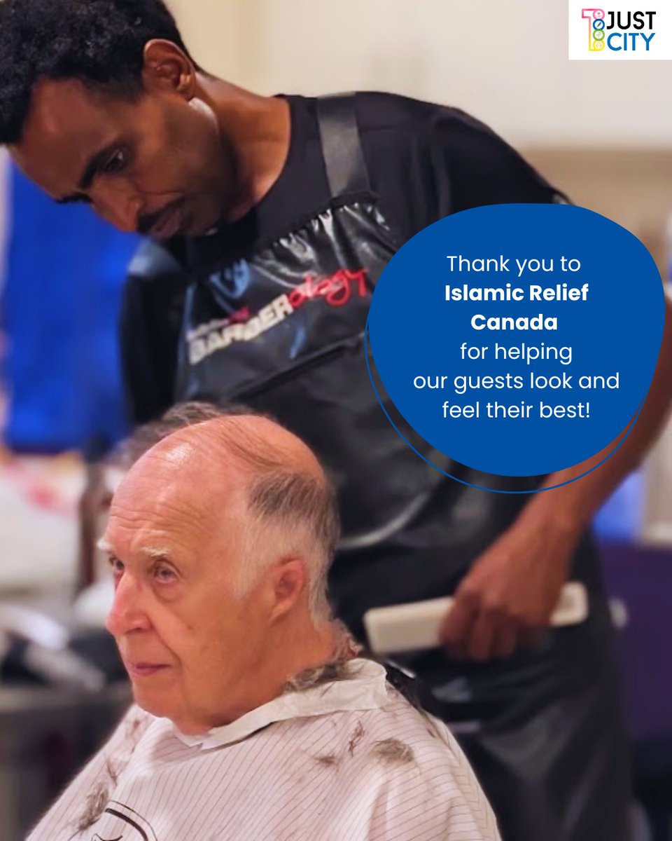 1justcity's tweet photo. Thank you to Islamic Relief Canada for generously volunteering their time and providing haircuts and hygiene supplies to our community members. Your kindness helped our guests feel refreshed. We are grateful for community partners who make our community a more caring place.💙 https://t.co/dFojdu0034