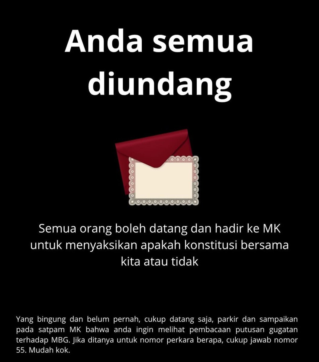 SalingJagaWarga's tweet photo. Warga,
Kami ikut hadir mengawal putusan MK terkait MBG bersama warga. 

•Kamis, 30 Juli 2026
•Pukul 13.00 WIB
•Gedung MK RI

Untuk yg mau ikut mengawal bisa langsung hadir, yang mau titip logistik juga bisa DM ke kami.

Tetap saling jaga, dan kawal terus amanat konstitusi ✊🏻 https://t.co/4AETFil5Dw
