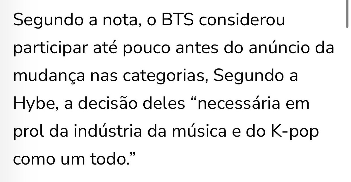 BTSProjectBR's tweet photo. TÔ TODA ARREPIADA!!!! 

“Segundo a nota, o BTS considerou participar até pouco antes do anúncio da mudança nas categorias, Segundo a Hybe, a decisão deles “necessária em prol da indústria da música e do K-pop como um todo.” https://t.co/akgS5cLNyh