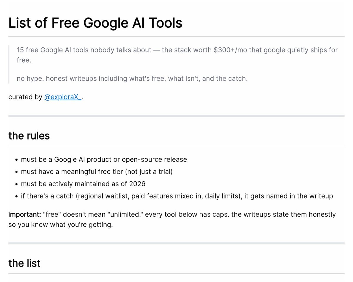 Screenshot of the “List of Free Google AI Tools” page stating that only Google or open-source tools with meaningful free tiers, active maintenance, and documented catches were included