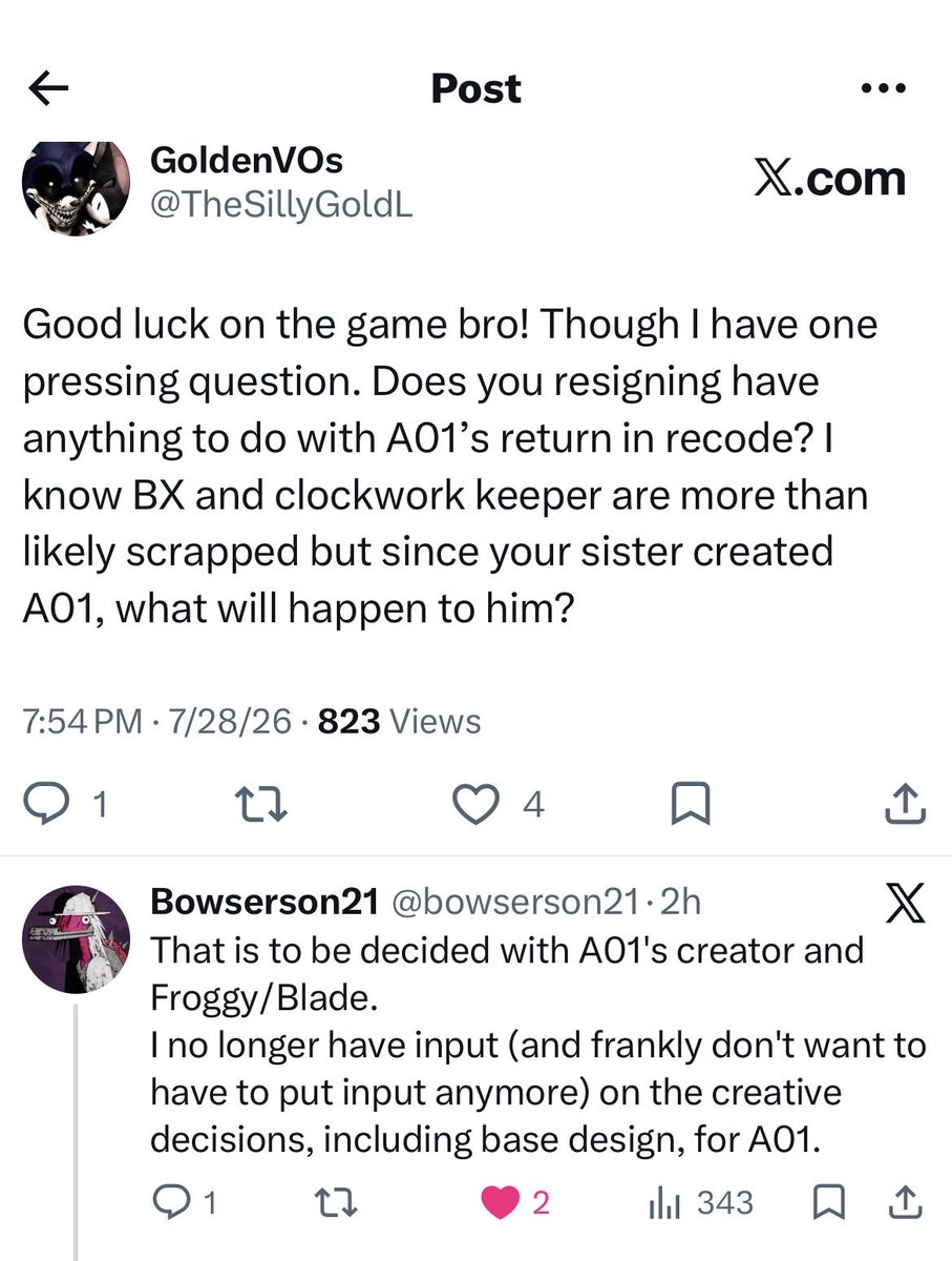 TheSillyGoldL's tweet photo. @d1ruo For clarification, A01 is not dead. He’s still in his limbo state right now along with BX and Clockwork for some reason. 

A01 coming back is up to his creator + Blade/Froggy. 

Bowserson no longer wants to have creative freedom with A01 anymore. https://t.co/xjDRagslh0
