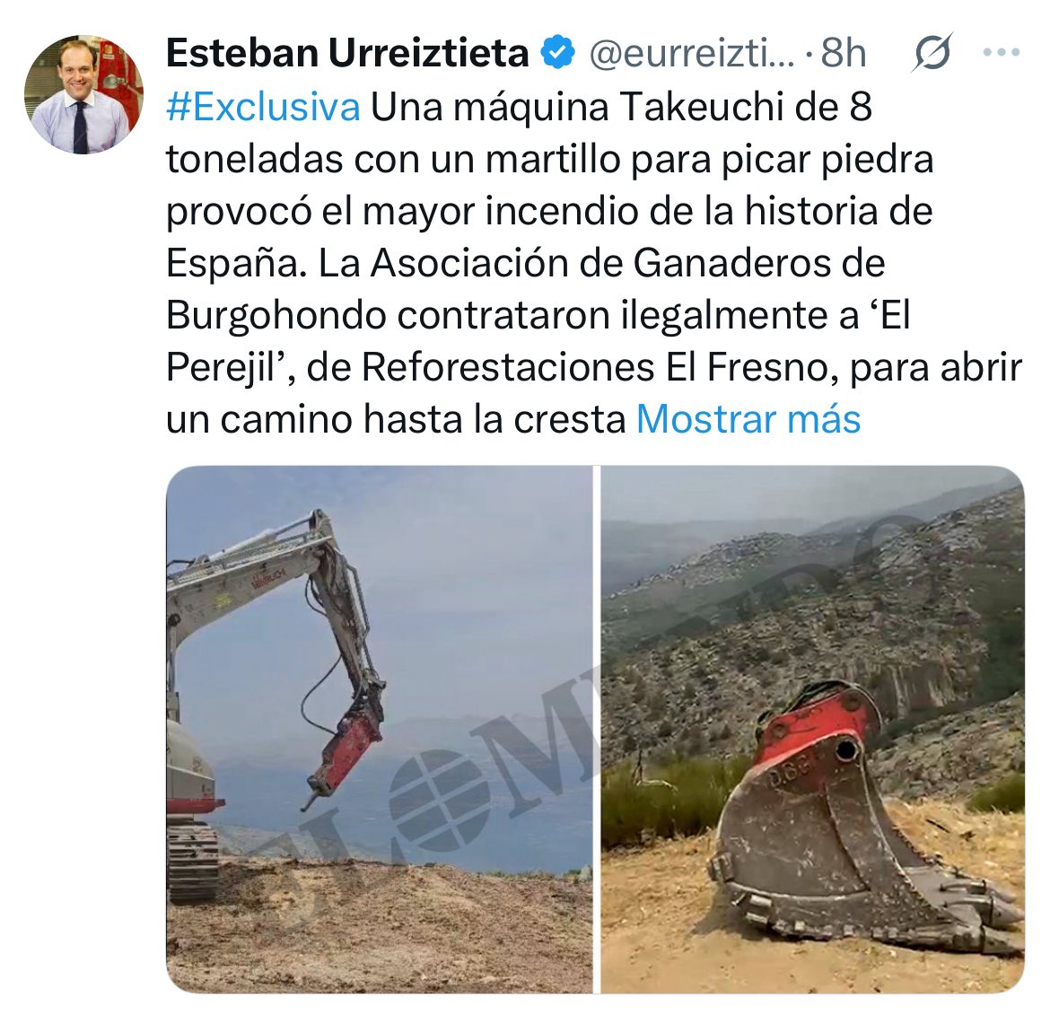 EgioVictor's tweet photo. La Asociación de Ganaderos de Burgohondo contrató presuntamente a un operario para hacer trabajos con maquinaria pesada en el monte a pesar de estar prohibido por el altísimo riesgo de incendio. Por sus santos cojones.

Es importante limpiar el monte. Pero para acabar con los incendios lo que hay que limpiar de verdad es España de estos fascistas negacionistas y de sus altavoces mediáticos.