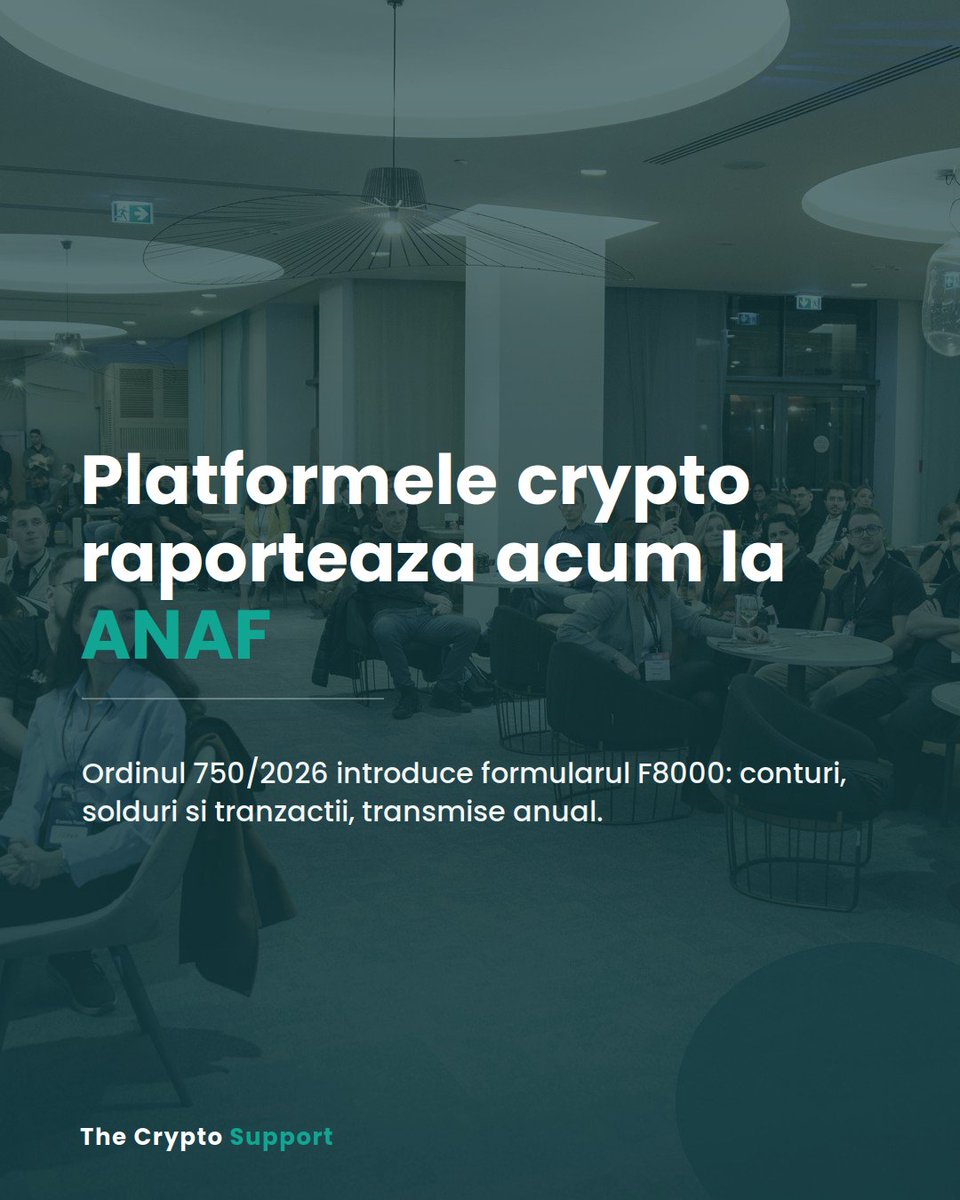 CryptoSupportRO's tweet photo. Platformele crypto raportează acum direct la ANAF.

Ordinul 750/2026 introduce formularul F8000: conturi, solduri și tranzacții, transmise anual.

Datele tale ajung la Fisc pe un formular cu număr.

Investești în crypto? Ține evidența fiscală simplu cu
@CryptoSupportRO https://t.co/zAwZjo4z0t