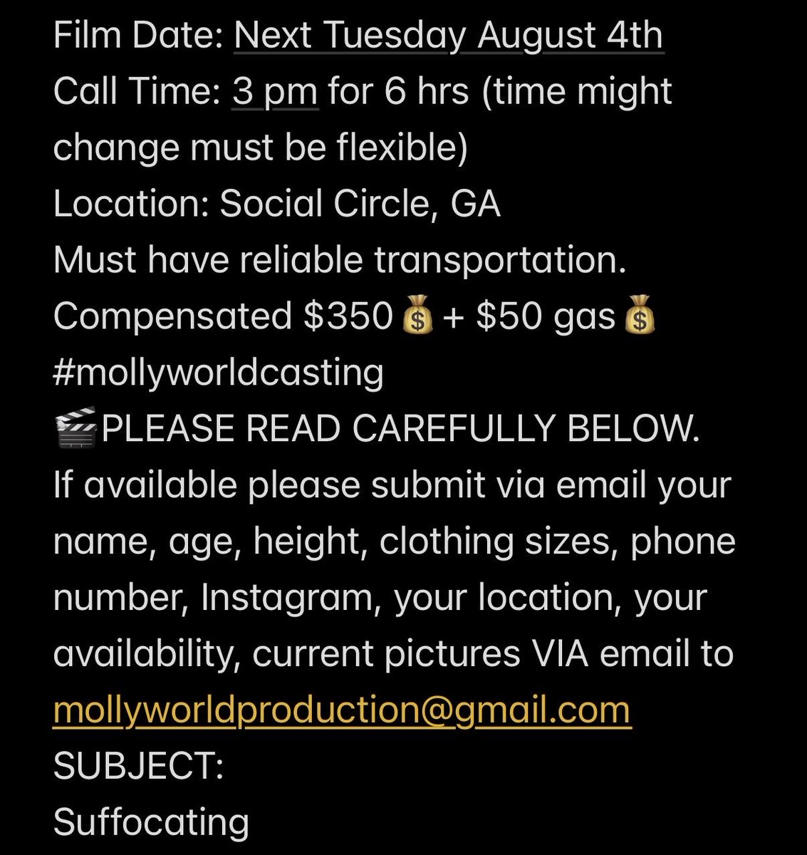 mollyworldcast's tweet photo. If available please submit via email your name, age, height, clothing sizes, phone number, Instagram, your location, your availability, current pictures VIA email to mollyworldproduction@gmail.com
SUBJECT:
Suffocating 
#mollyworldcasting https://t.co/iaPDx3Sr8B