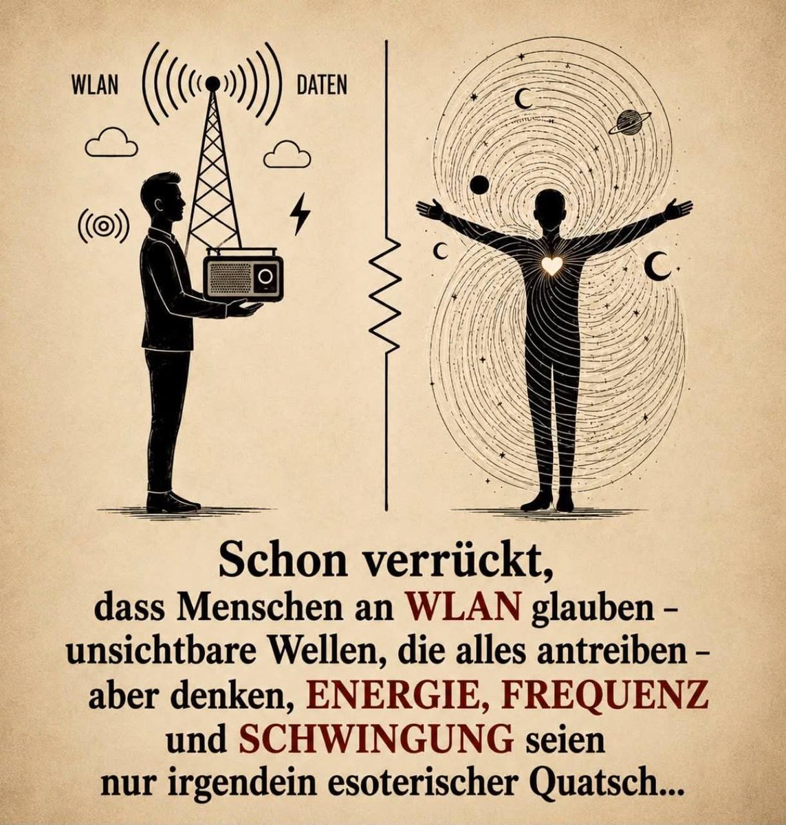 Reptile14k's tweet photo. Das große Erwachen ‼️

Erwachen bedeutet nicht nur, dass man die politischen Geschehnisse erkennt, welcher Partei man folgt oder wo man am Ende sein Kreuz macht. Erwachen bedeutet so viel mehr!

Erwachen bedeutet, dass man im vollem Umfang erkennt, dass dein ganzes Leben auf Lügen basiert. Dass die Schuhmann-Frequenz der Herzschlag der Erde ist. Dass wir eine Verbindung zu der Natur haben und selbst diese ein eigenständiges Bewusstsein besitzt. Dass wir und alles um uns herum Frequenz ist. Dass wir uns mit Themen beschäftigen, die außerhalb unseres Vorstellungsvermögens liegen. 

Dass die Religionen vom Bösen geschaffen wurden, um die Menschheit zu spalten. Die Spaltung zwischen Link und Rechts. Die Spaltung zwischen Moslem, Christ und anderen Religionen. Dass die Menschheit darüber nachdenkt, dass es etwas nach dem Tod gibt. Dass der Tod des physischen Körpers nicht das Ende ist. Dass Lebewesen existieren, wo wir bisher nicht drüber nachgedacht haben. Ich könnte endlos so weitermachen. 

Wenn du verinnerlichts, dass dein ganzes Leben eine Lüge ist, dann bist du wirklich erwacht. Schön, dass wir mal darüber gesprochen haben. 

Das spirituelle Erwachen 🌌