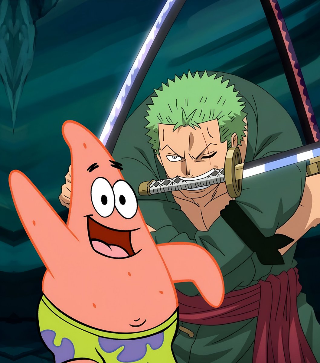 CartoonsOTMoon's tweet photo. Patricio usa el estilo de las tres espadas en la colaboración de ONE PIECE x BOB ESPONJA de McDonald's. https://t.co/s5b1DUqcHa