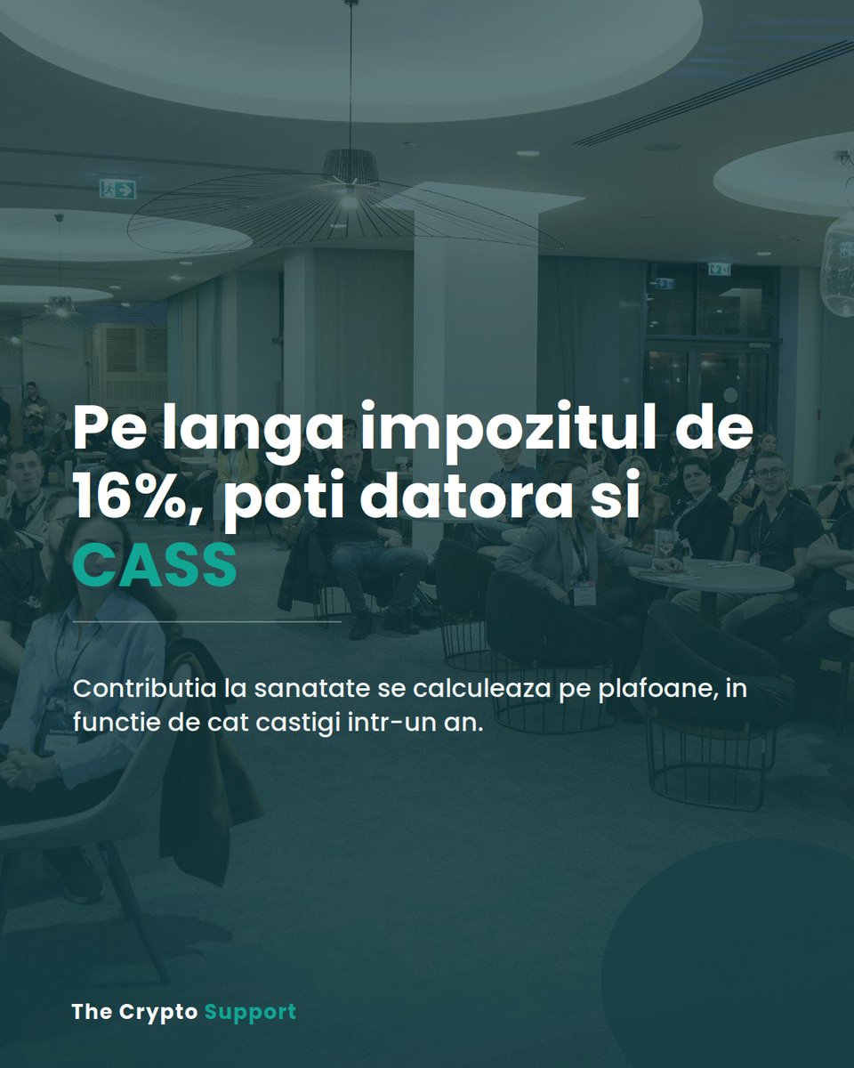 CryptoSupportRO's tweet photo. Impozitul pe crypto e 16%. Dar mai vine ceva: CASS.

Contribuția la sănătate se calculează pe plafoane, în funcție de cât câștigi într-un an.

Mulți investitori află de ea abia la declarație.

Investești în crypto? Ține evidența fiscală simplu cu
@CryptoSupportRO https://t.co/j3SQZs1hhb