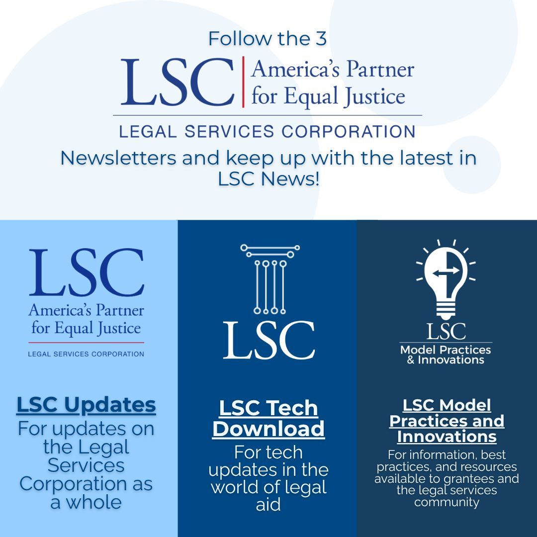 LSCtweets's tweet photo. Stay informed on the latest in access to justice! Subscribe to our newsletters for LSC news, technology insights and innovative practices. 📬

Sign up and receive timely updates straight to your inbox: https://t.co/eSJUkfn1Fn https://t.co/hpuL8HVQcH