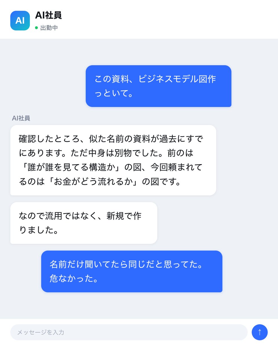 kazuki419's tweet photo. 「これ、ビジネスモデル図作っといて」って頼んだら

うちのAI社員が

「似た名前の資料、前にもう作ってあります。でも中身は別物でした。前のは"誰が誰を見てるか"の図、今回は"お金の流れ"の図です」

って。

名前が似てるだけで同じ物だと思って流用してたら普通に事故ってた。別物だと見極めてから作業に入る、これ地味に大事。

#うちのAI社員 #資料作成 #業務効率化