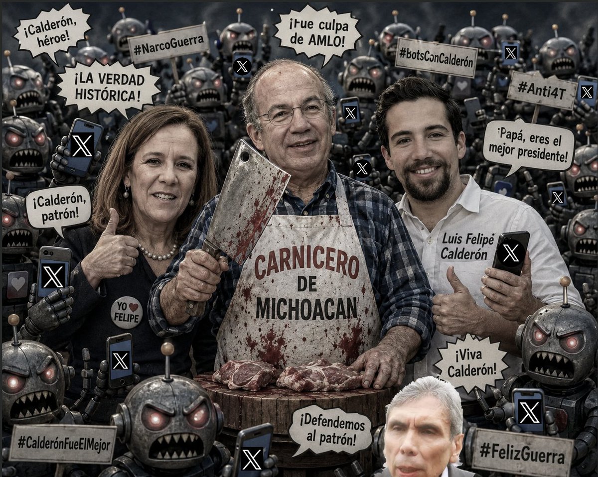 luisghernan's tweet photo. El Carnicero de Michoacán @FelipeCalderon 
su esposa @Mzavalagc y su engendro,
el treintón desempleado @Luisfecalderonz 
tienen a su servicio una RED DE BOTS 
exclusivamente dedicada a 

1 Atacar cuentas críticas con el borolato

2 Masificar mensajes del Beodo exiliado en España

3 Posicionar temas de la agenda fascistoide

¿De dónde sacan los recursos para operarla?
¿Cuánto se robó el miserable bebedor?