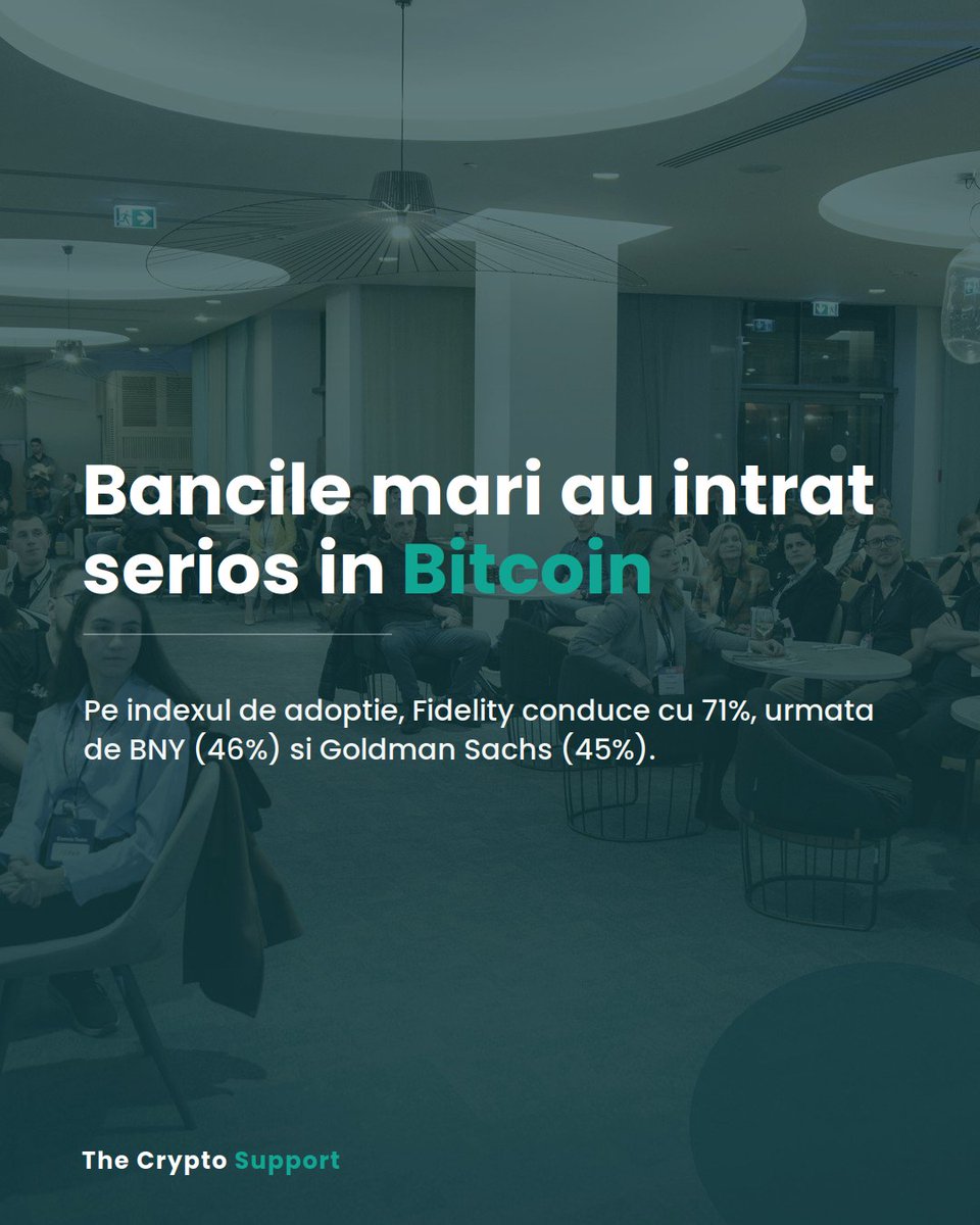CryptoSupportRO's tweet photo. Băncile mari au intrat serios în Bitcoin.

Pe indexul de adopție:
▪️ Fidelity - 71%
▪️ BNY - 46%
▪️ Goldman Sachs - 45%
Crypto a devenit parte din finanțele instituționale.

Investești în crypto? Ține evidența fiscală simplu cu
@CryptoSupportRO https://t.co/7quYiS8Xmz