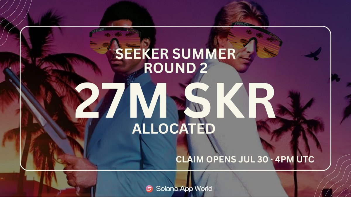 SolanaAppWorld's tweet photo. ☀️ Seeker Summer Round 2 rewards are ready.

27M SKR allocated across participants. 

Check your Seed Vault Wallet tomorrow, July 30 at 4PM UTC, to see your allocation and claim.

If you completed the badges across @moonwalkfitness, @gorecats, @PlayCubeCrush, and @gableguardians, this is when you find out what you got.