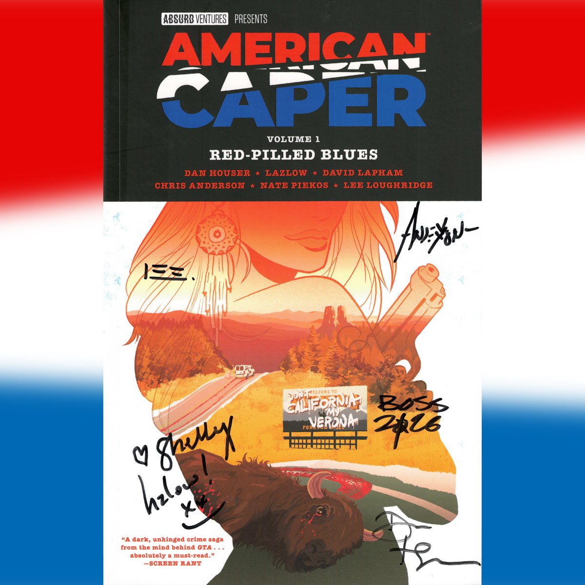 AbsurdVentures's tweet photo. Like and repost now for a chance to win an autographed copy of the American Caper Volume 1 trade paperback

Signed at SDCC by Dan Houser, Lazlow, Tyler Boss, Lee Loughridge, @chrisacomics and @sxbond https://t.co/NzNF0nM10O