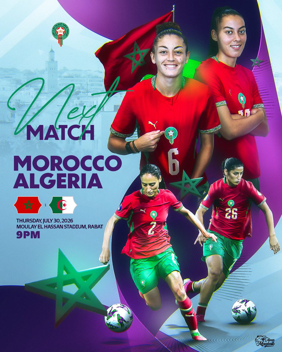 EnMaroc's tweet photo. يواجه منتخبنا الوطني النسوي غدًا منتخب الجزائر في ثاني مبارياته بكأس أمم إفريقيا للسيدات – المغرب 2026

𝐍𝐞𝐱𝐭 𝐌𝐚𝐭𝐜𝐡 🔜
Our Women’s National Team faces Algeria tomorrow in their second match of the CAF Women’s Africa Cup of Nations – Morocco 2026 🏆

#DimaMaghrib 🇲🇦 https://t.co/IWQYMyg1Tp