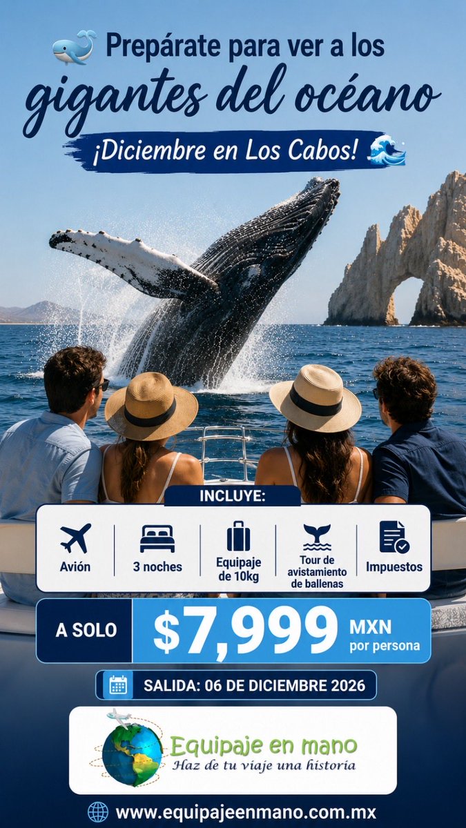 EquipajeEn's tweet photo. 🔥 ¡Tres experiencias inolvidables, un mismo precio!

Elige la aventura y escápate a vivir una experiencia inolvidable. 😍🐋 🌊💙

☎ Llámanos al 55 7495 7381

📲 WhatsApp. 👉🏻 https://t.co/BvRFOQeMcM

#equipajeenmano #bioluminiscencia #avistamientodeballenas #islasmarietas https://t.co/ddOpyTIFIt