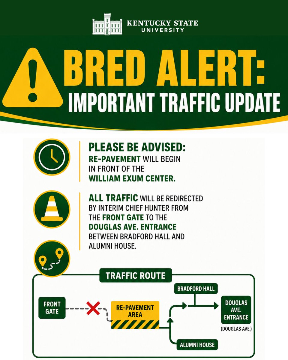 KyStateU's tweet photo. Campus Paving Update | July 29–31
Paving work continues across campus this week.

Thursday (July 30): Parking Lots 7, 9, 15, &amp; 16 will be cleaned in preparation for paving.

Friday (July 31): Parking Lots 7, 9, &amp; 16 will be paved. Please do not park in these lots during the work. https://t.co/X1usqEFpf3