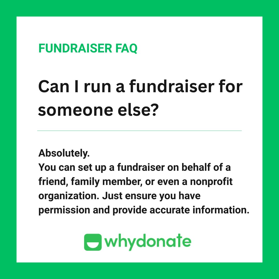 whydonate's tweet photo. Can you start a fundraiser for someone else? Absolutely. 💚 With WhyDonate, you can fundraise for a friend, family member, or nonprofit with their permission. Share accurate information and make it easy for people to support the cause that matters. #WhyDonate #Fundraising https://t.co/1qzTfC7hEP