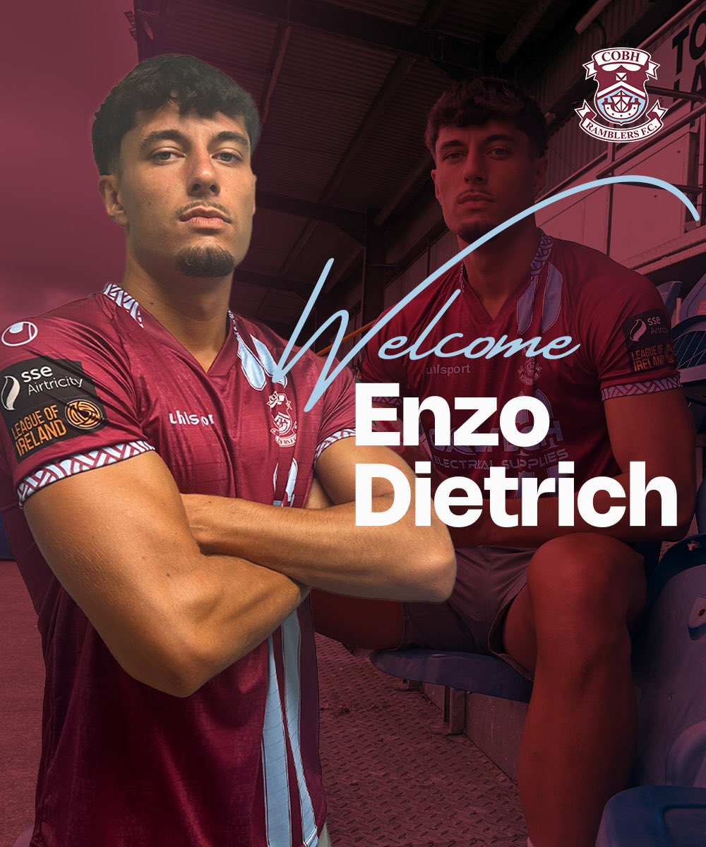 CobhRamblersFC's tweet photo. Cobh Ramblers are delighted to announce the signing of Enzo Dietrich from Hong Kong FC!

The French centre back joins the club having made 10 appearances in the Hong Kong Premier League, scoring once.

Welcome to Cobh, Enzo!

#EnzoIsARam #UpTheRams https://t.co/iUgZo8YnHG