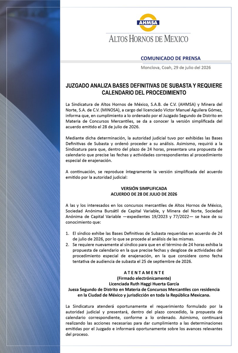 AceroAHMSA's tweet photo. Comunicados de Prensa #AHMSA

- JUZGADO ORDENA AJUSTES A BASES DE SUBASTA Y EMITE NUEVOS REQUERIMIENTOS

-SINDICATURA PRESENTA CALENDARIO DEL PROCEDIMIENTO DE SUBASTA DE AHMSA Y MINOSA https://t.co/RMkOtzyXDW