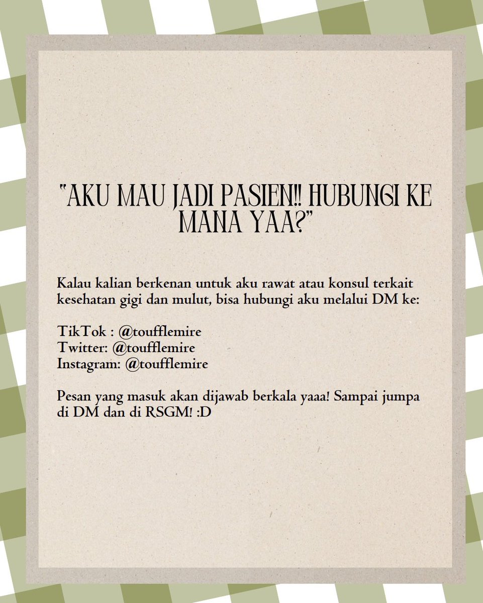toufflemire's tweet photo. [RTs are appreciated 🥹🙇🏻‍♀️] 

Hallo! Aku Nana, koas gigi Jogja. 🦷🪥

Kalau kamu dom Jogja, punya keluhan gigi GERAHAM BERLUBANG BESAR dan ingin DICABUT oleh koas secara GRATIS, boleh reply/ketuk DMku yaaa! :D 

Kalau mau konsultasi juga boleeehh 😁👍🏻 https://t.co/EUNJ0xUzxP