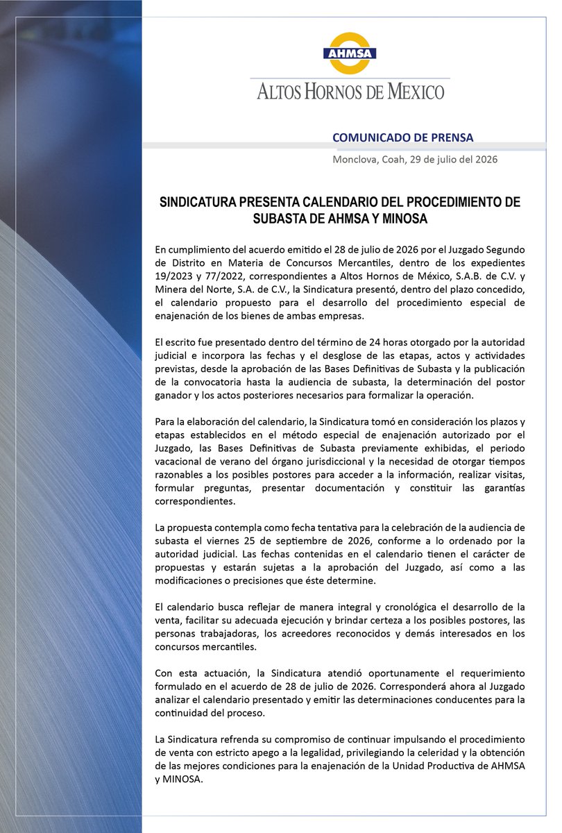 AceroAHMSA's tweet photo. Comunicados de Prensa #AHMSA

- JUZGADO ORDENA AJUSTES A BASES DE SUBASTA Y EMITE NUEVOS REQUERIMIENTOS

-SINDICATURA PRESENTA CALENDARIO DEL PROCEDIMIENTO DE SUBASTA DE AHMSA Y MINOSA https://t.co/RMkOtzyXDW