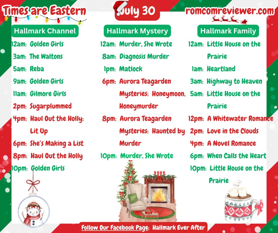 RomComReview1's tweet photo. Here is the daily #HallmarkSchedule for THURSDAY, JULY 30!

Three of the four Christmas movies playing on #HallmarkChannel feature #LaceyChabert!

#ChristmasInJuly #HallmarkFans #Hallmarkies https://t.co/Hx69924zlu