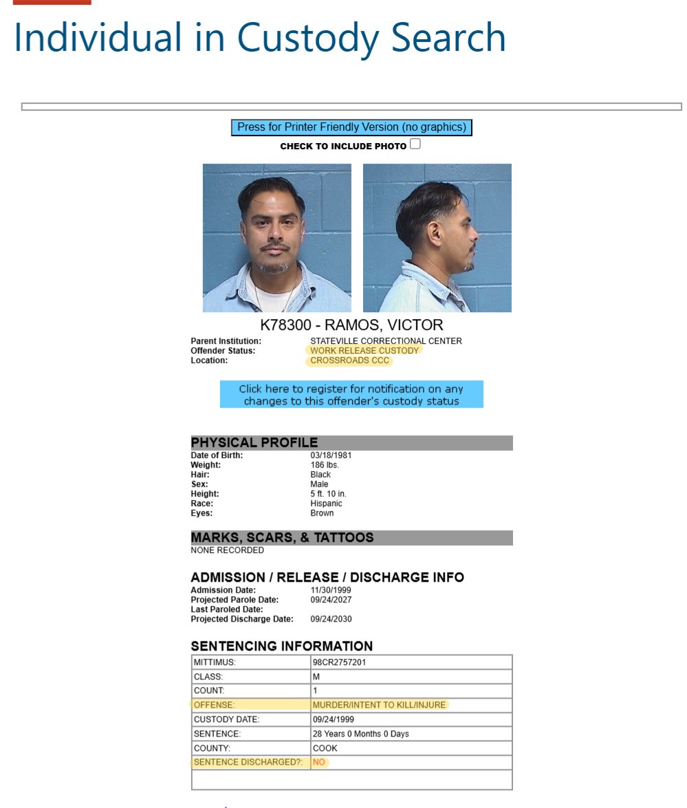 ChicagoContrar1's tweet photo. It is said "love is blind," but good golly this insane.

Is @the12thward joined in marriage to a man convicted of a 1998 gang murder in Little Village?

If so, the Victor Ramos pictured on the left has not been discharged from the custody of the state and is currently on work release.

This means he is still in the slammer.

Also "if so," did Mr. Ramos accompany Ald. Ramirez on any foreign trip?

And another "if so" to consider: Did Ald. Ramirez and her inmate hubby accept any gift cards for the July 2025 nuptials? Accepting gift cards is an ethics violation.