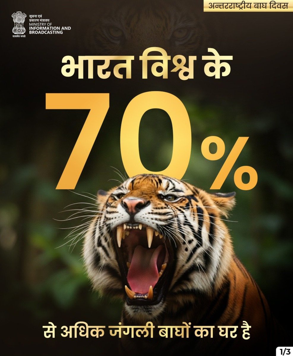 AkashvaniAIR's tweet photo. अन्तरराष्ट्रीय बाघ दिवस पर भारत🇮🇳 की उपलब्धियों पर एक नजर!🐅

🐅भारत विश्व के 70% से अधिक जंगली बाघों का घर है। 

🐅प्रोजेक्ट टाइगर और सतत संरक्षण प्रयासों ने इस सफलता को संभव बनाया है।

#InternationalTigerDay #ProjectTiger #WildlifeConservation https://t.co/mQTItwTNQ8