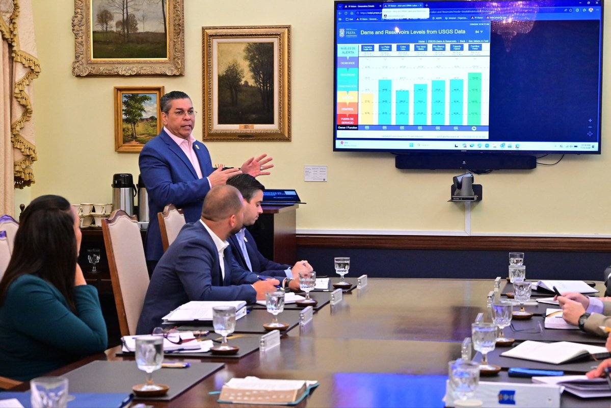 Jenniffer's tweet photo. Como parte de los trabajos del Comité de Sequía, efectuamos la reunión semanal para ver las condiciones actuales de sequía en Puerto Rico, el impacto del fortalecimiento del fenómeno de El Niño y tomar medidas preventivas para proteger el suministro de agua.

En la reunión participaron la secretaria del Departamento de Estado, Rosachely Rivera Santana, el presidente de la Autoridad de Acueductos y Alcantarillados (AAA), Luis González, el director del Servicio Nacional de Meteorología en San Juan, Ernesto Rodríguez, el secretario del Departamento de Seguridad Pública, Arthur Garffer, el comisionado del Negociado para el Manejo de Emergencias y Administración de Desastres (NMEAD), Ángel Jiménez,el administrador de la Administración de Vivienda Pública, Juan Rosario, el Zar de Energía, Josué Colón, el director ejecutivo de la Compañía de Fomento Industrial (PRIDCO), Roberto Lefranc, la subsecretaria de la Gobernación, Itza García, el secretario de Asuntos Públicos, Jean Peña Payano,el director ejecutivo del Instituto de Estadísticas, Orville Disdier, el ayudante general de la Guardia Nacional de Puerto Rico, Carlos J. Rivera y la directora ejecutiva de la Autoridad de Energía Eléctrica (AEE), Mary Carmen Zapata.