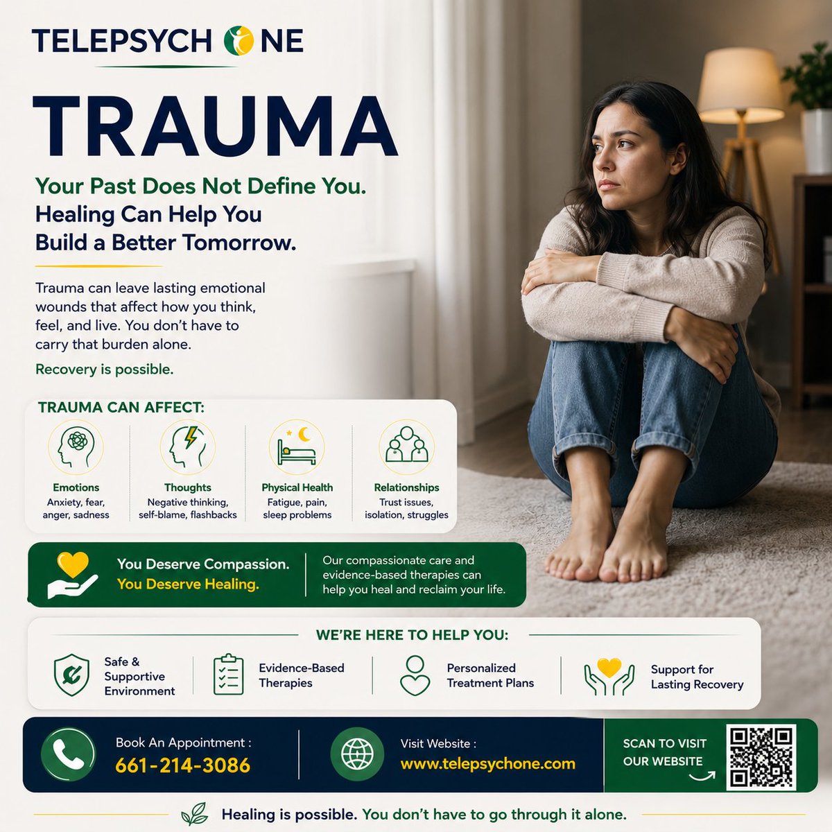 TelepsychOne's tweet photo. Trauma can affect far more than your memories—it can impact your emotions, relationships, sleep, work, and daily life. 

Free Consultation Pre Screening Questionnaire : https://t.co/186xX9qWoF

Contact : 661-214-3086
Website : https://t.co/BV73nQvUh3 https://t.co/Wk1iodGnCu